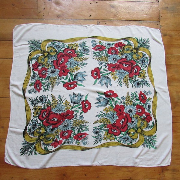Vintage floral ladies scarf - a spring medley of daisies, poppies, tulips & narcissi