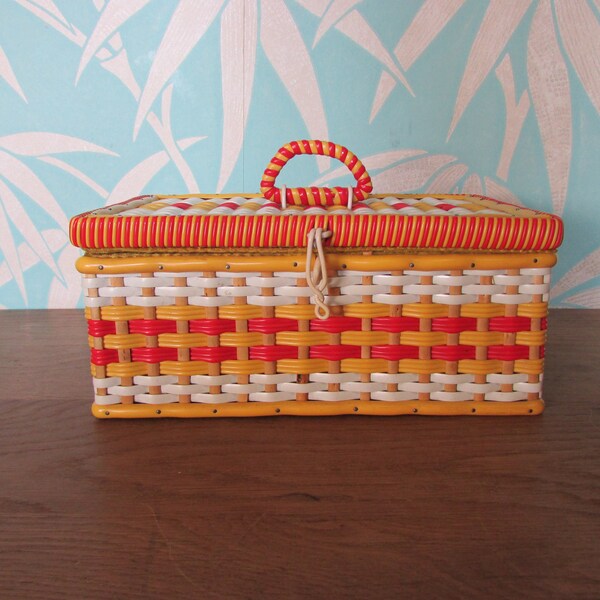 1960s Japanese red/yellow & white woven sewing basket with floral interior