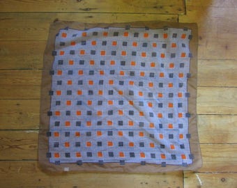 Vintage nylon orange & brown optical square patterned ladies scarf, made in Japan