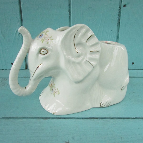 Vintage ceramic elephant planter with floral decal detail & gilt edging