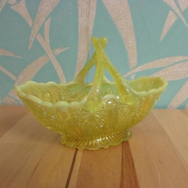 Vintage Davidson primrose yellow 'Lady Chippendale' glass posy basket, wishbone handle