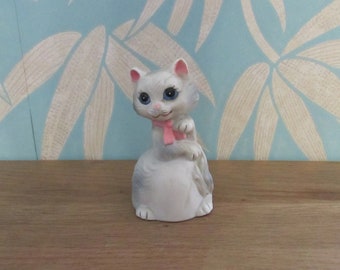 Vintage porcelain cat/kitten-shaped bell, pink bow tie detail