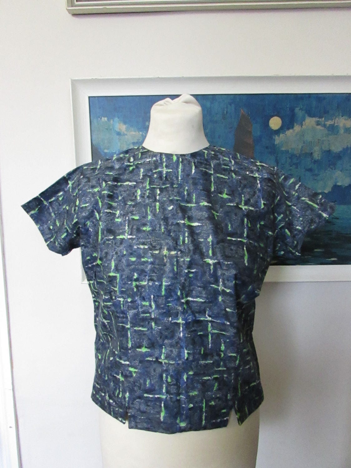 Image of S Handmade Blue & Green Abstract Pattern Shell Top, Size -