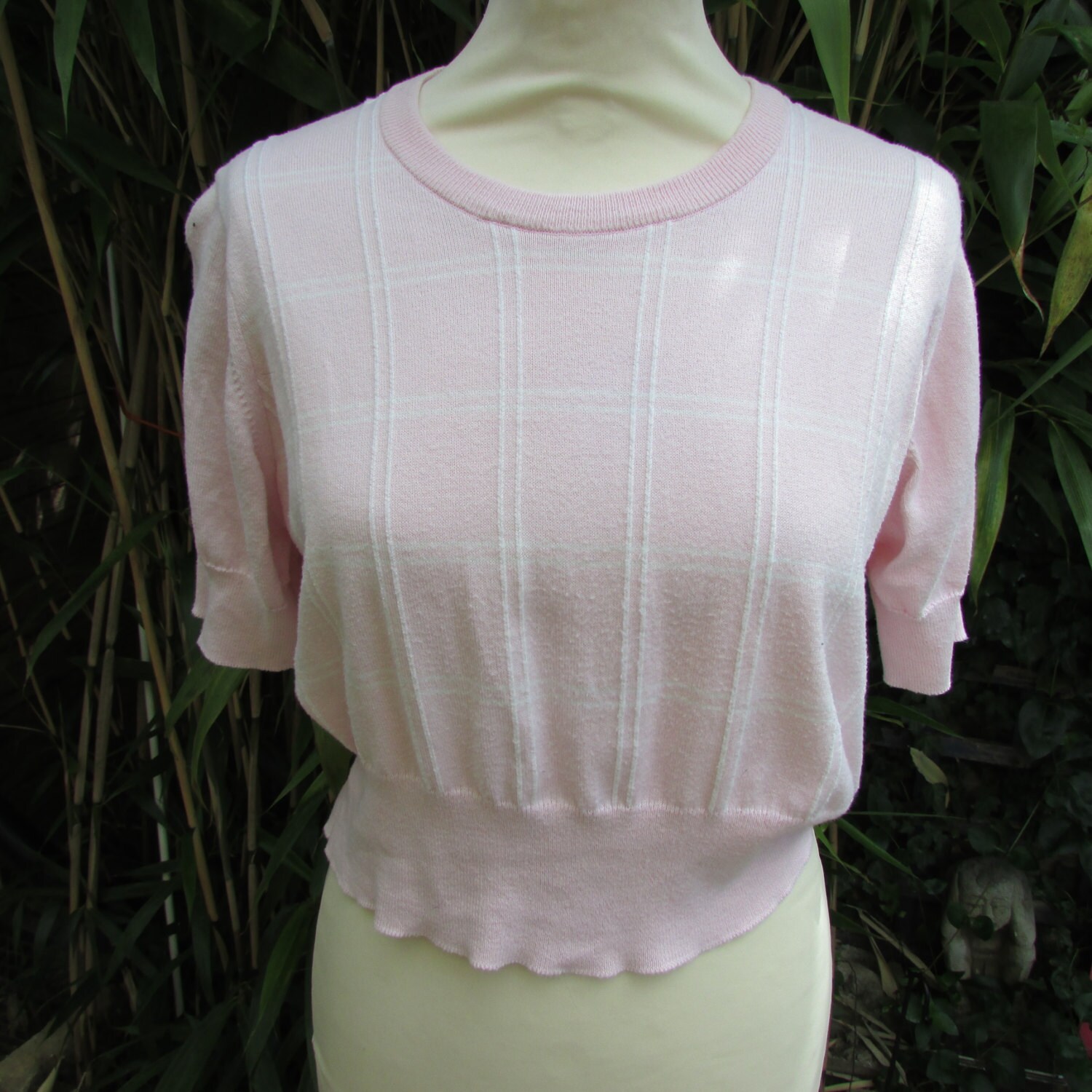 Image of Vintage S-style John Smedley White On Pink Check % Knitted Cotton Tee/Short Sleeve Top, Size