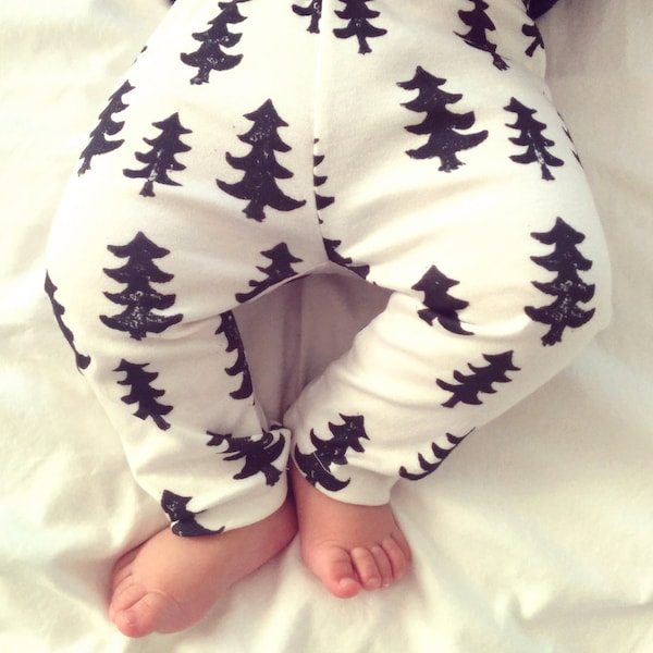 baby gift, baby present,baby clothes, modern baby clothes, organic baby leggings, black trees on white