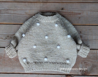 Baby bobble jumper, Hand knitted baby popcorn sweater, Light Beige pullower with white bobbles, Baby gift idea