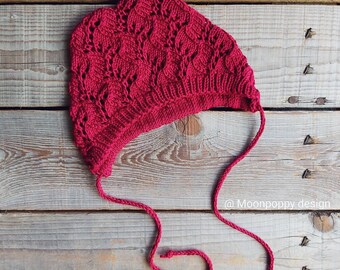 Baby bonnet in dark red Pretty lacy bonnet Knit baby hat Baby shower gift Knitted baby coming home unisex beanie from cotton. Ready to ship