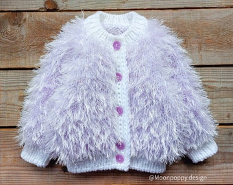 Baby bomber style cardigan, Hand knit baby sweater, Fluffy cardigan in lilac, Soft and cute winter outwear