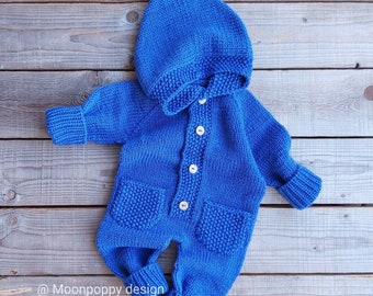 Baby hooded pram suit. Knit baby coming home outfit. Newborn snowsuit. Baby overall. Baby jumpsuit. Preemie Baby romper. Hand knit jumpsuit