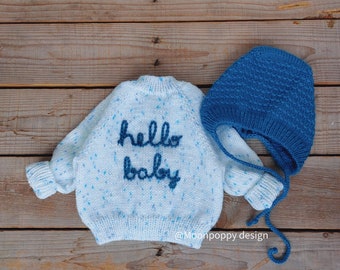 Handknit "hello baby" cardigan and bonnet set,Embroidered baby sweater, Baby shower gift, 0-3 months baby outfit, Ready to ship