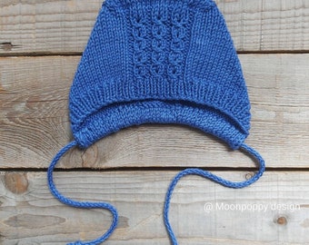 Baby bonnet in blue Knit baby hat Baby shower gift Knitted baby coming home unisex beanie. Ready to ship