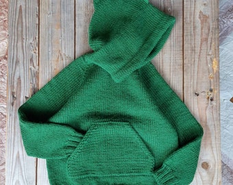 Hand knitted green hooded pullover, Knit sweater for kids, Children wool sweater with hood, Knitted choodie for girl or boy