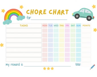 May include: A printable chore chart with a rainbow, a car, and stars. The chart has spaces to write in tasks, days of the week, and points. It also has a space to write in a reward.