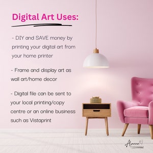 May include: A pink living room with a pink armchair, a wooden end table, and a white pendant lamp. The text on the wall reads "Digital Art Uses:" followed by a list of uses for digital art, including printing at home, framing, and sending to a local printing centre.