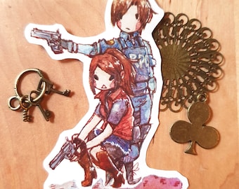 Claire Redfield & Leon S Kennedy Chibi RE2 Vinyl Sticker - Resident Evil 2 Remake in Watercolor