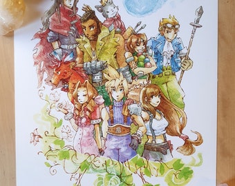 A4 / A5 Final Fantasy VII Art Print - FF7 Cloud Strife, Tifa, Aerith, Barret, Cait Sith, Cid, Yuffie, Vincent Valentine FFVII Watercolor Art
