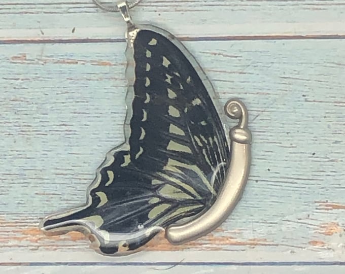 Real Butterfly wings set in resin with metal chrome charm body