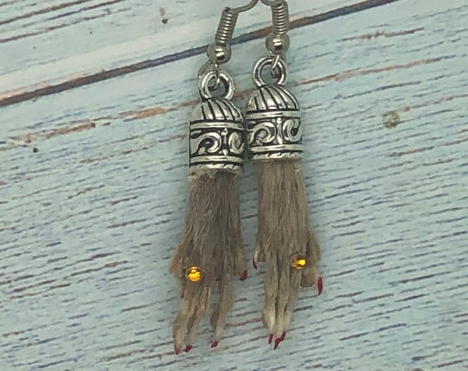 Taxidermy Rat feet with painted nails and Rhinestone ring Earrings made from real Rats Oddities