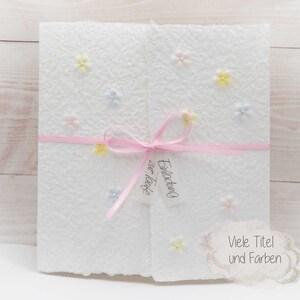 Handgeschöpfte Karte "Blüemli" personalisierbar für Geburtstag, Taufe, Kommunion und Konfirmation. Viele Farben, Titel und Wunschtitel