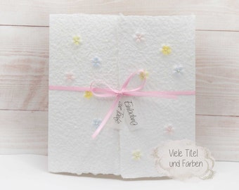 Handmade card "Blüemli" customizable for birthdays, baptisms, communions and confirmations. Many colors, titles and desired titles