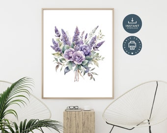 Purple Roses Lavender Floral Flowers Watercolor Digital Wall Art, Printable Art, Digital Instant Download, Living Room Bedroom Wall Decor