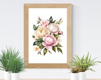 Pink White Peonies Roses Floral Watercolor Digital Printable Wall Art, Instant Download, Flowers, Floral Bouquet Print Wall Decor Bedroom