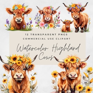 Baby Highland Cows Watercolor Clip Art Bundle Pack, 12 Transparent PNG files, Cute Adorable, Baby Animals, Pastel Flowers Sunflowers Florals