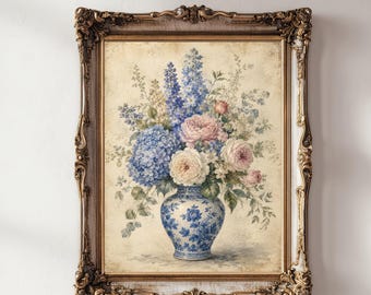 Vintage Floral Wall Art, Blue Hydrangea Pink Peony Wildflowers Print, Cottage Decor, Digital Download
