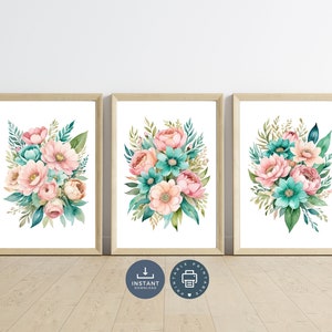 Floral Watercolor Print Set: Pink, Teal, Cream Flowers (Digital Download)