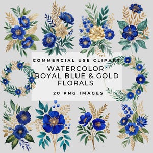 Bundle de clipart fleurs or bleu royal, PNG transparent, usage commercial, cartes d'invitation de mariage élégantes, travaux manuels par sublimation