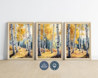 Aspen Trees Autumn Watercolor Print Set: Forest Wall Art (Digital Download)