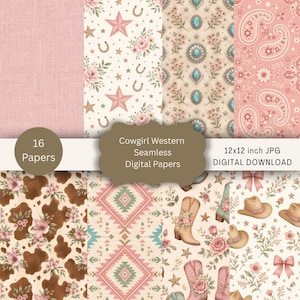 May include: A selection of 16 digital papers with a cowgirl western theme. The papers showcase diverse patterns, including floral arrangements, stars, horseshoes, paisley, and geometric designs. The colour palette includes pink, brown, and turquoise.