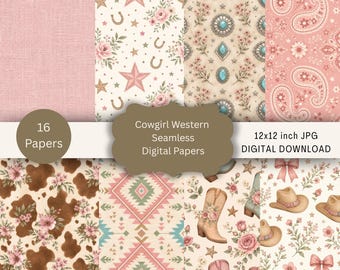Cowgirl Digital Paper Pack, Dusty Pink Western Seamless Patterns, Backgrounds, Scrapbook Paper, Digital Download JPG