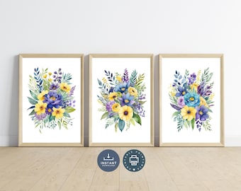 Watercolor Floral Print Set: Blue, Purple & Yellow Botanicals (Digital Download)
