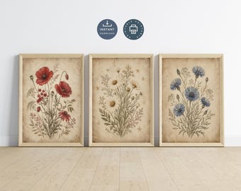 Patriotic Botanical Wall Art Set of 3, Vintage Americana Wildflower Prints, Red White Blue Farmhouse Decor, 4th of July Printable