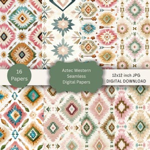 May include: A selection of 16 Aztec Western seamless digital papers. The patterns showcase geometric designs in pink, teal, brown, and cream. The papers measure 30.48cm x 30.48cm.