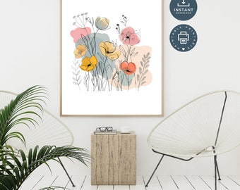 Simple Line Art Boho Pastel Floral Wall Art, Digital Printable Wall Art, Instant download, Flowers Line Drawing, Bedroom Living Room Art