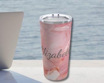 Personalized Customized Monogram Name Pink Gray Marble Swirl Tumbler 20oz. Birthday Gift for her, Mother's Day Gift, Stainless Steel Tumbler