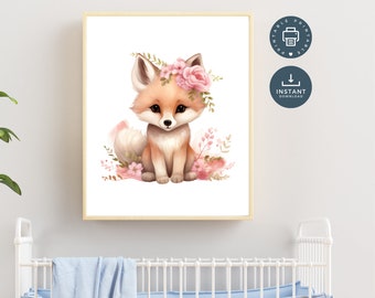 Baby Fox Pink Flowers Nursery Wall Art, Digital Printable Wall Art, Woodland Animals Nursery, Baby Girl Nursery Art, Instant download, Cute