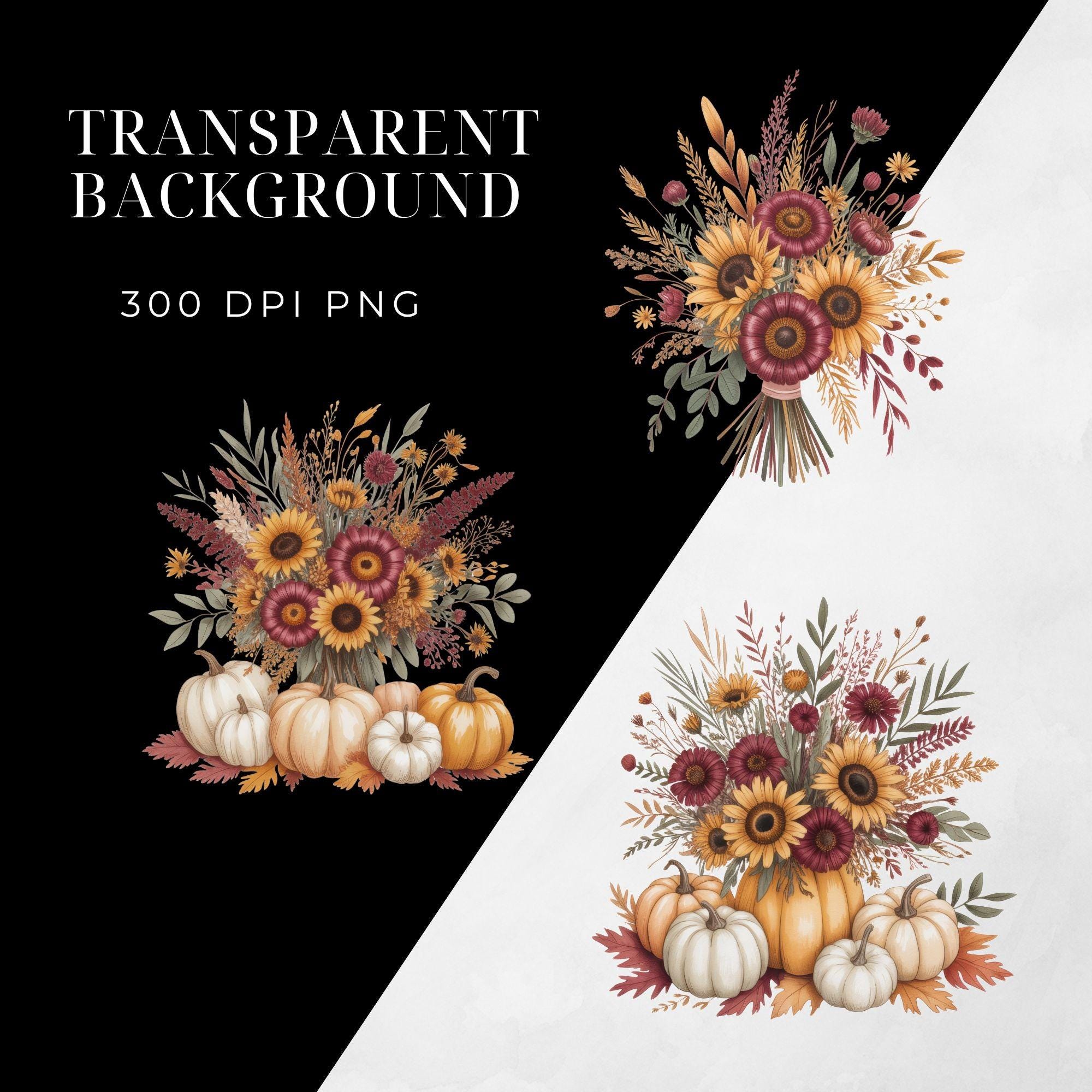 Fall Floral Pumpkin Clipart: Watercolor Thanksgiving PNG Designs ...