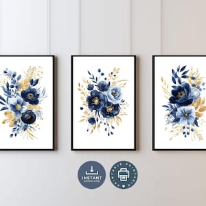Elegante marine blau gold floral botanische Wand Kunst Set von 3 Drucken, digital druckbare sofort-Download, Aquarell moderne minimalistische Blumen