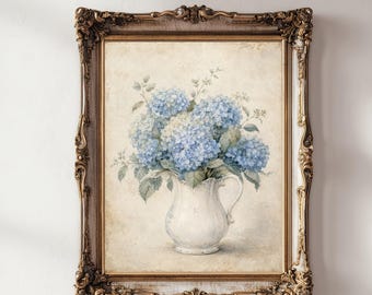 Vintage Blue Hydrangea Wall Art Print, Watercolor Floral Flowers Printable Wall Decor, Digital Download