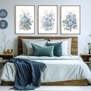 Arte de parede com flores florais antigas vintage azul claro, conjunto de 3 impressões, impressão de pôster digital para impressão, aquarela, toile chinoiserie, quarto
