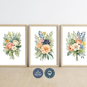 Peach Blue Pink Cream Wildflowers Floral Flowers Wall Art Set of 3 Prints, Digital Printable Instant download, Country Farmhouse Pastels