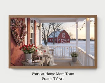 Farmhouse Porch Winter Valentine's Day Samsung Frame TV Art, Country Rustic Barn Digital Download