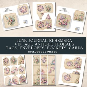 Floral Junk Journal Ephemera Kit: Vintage Tags, Umschläge, Taschen (Digitaler Download)