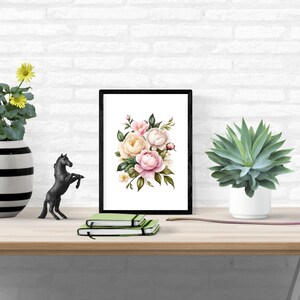 Pink White Peonies Roses Floral Watercolor Digital Printable Wall Art, Instant Download, Flowers, Floral Bouquet Print Wall Decor Bedroom image 4