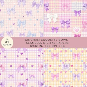Puede incluir: Conjunto de papeles digitales con patrones de cuadros vichy y lazos coquette en tonos rosa, morado y azul. Los diseños incluyen corazones y detalles de encaje. El texto dice "GINGHAM COQUETTE BOWS PAPELES DIGITALES SIN COSTURAS 30.5x30.5 cm. 300 DPI JPG".