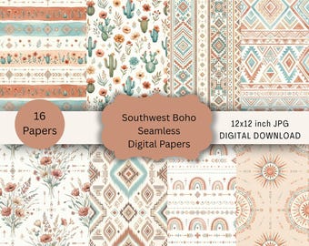 Boho Southwest Paper Pack, Seamless Western Desert Patterns, Scrapbook Paper, Backgrounds, Digital Download JPG