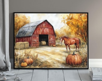 Rustic Red Barn Horse Print: Fall Farmhouse Wall Art (Digital Download)